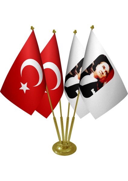 Masa Üstü Atatürk Bayrağı Türk Bayrağı Dörtlü Pirinç Direk Masa Bayrak Seti