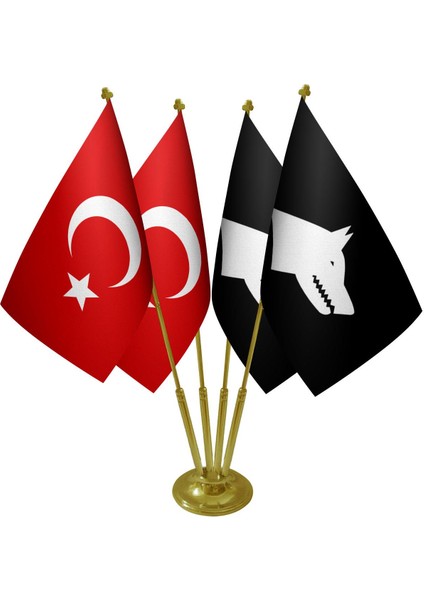 Masa Üstü Siyah Göktürk Bayrağı Türk Bayrağı Dörtlü Pirinç Direk Masa Bayrak Seti