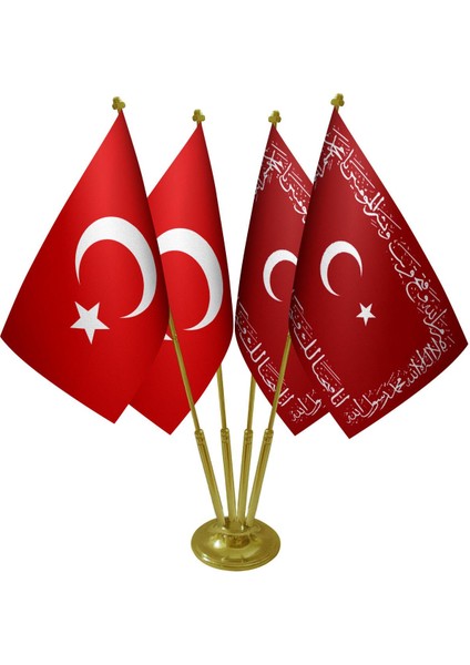 Masa Üstü Ayetli Osmanlı Devleti Sancağı Türk Bayrağı Dörtlü Pirinç Direk Masa Bayrak Seti