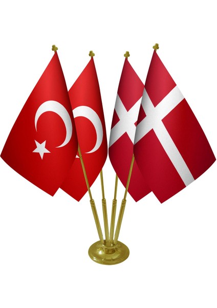 Masa Üstü Danimarka Bayrağı Türk Bayrağı Dörtlü Pirinç Direk Masa Bayrak Seti