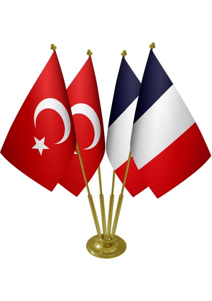 Masa Üstü Fransa Bayrağı Türk Bayrağı Dörtlü Pirinç Direk Masa Bayrak Seti