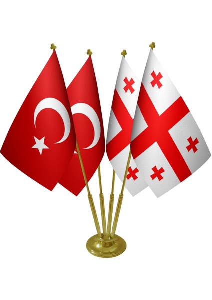 Masa Üstü Gürcistan Bayrağı Türk Bayrağı Dörtlü Pirinç Direk Masa Bayrak Seti