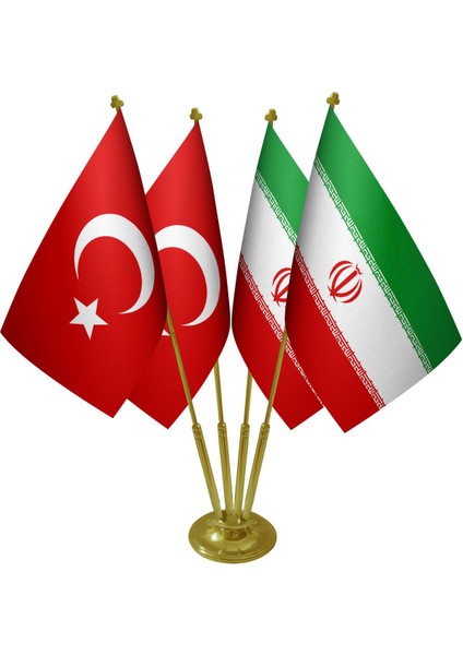 Masa Üstü Iran Bayrağı Türk Bayrağı Dörtlü Pirinç Direk Masa Bayrak Seti