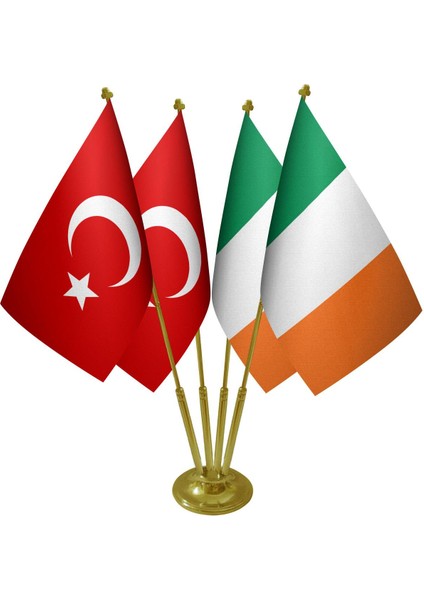 Masa Üstü Irlanda Bayrağı Türk Bayrağı Dörtlü Pirinç Direk Masa Bayrak Seti