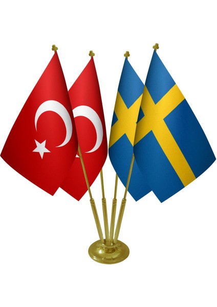 Masa Üstü Isveç Bayrağı Türk Bayrağı Dörtlü Pirinç Direk Masa Bayrak Seti