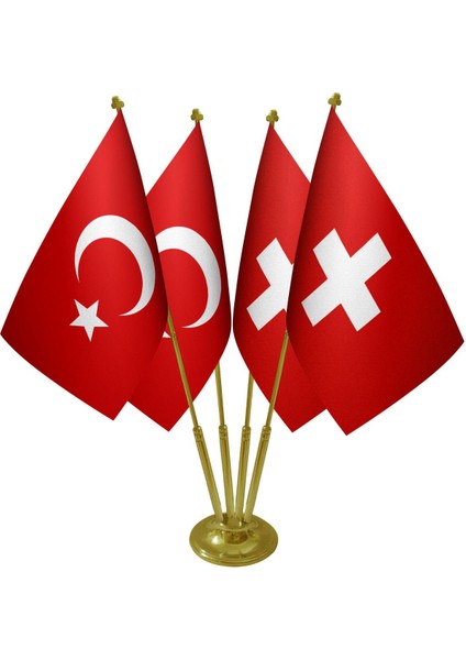 Masa Üstü Isviçre Bayrağı Türk Bayrağı Dörtlü Pirinç Direk Masa Bayrak Seti