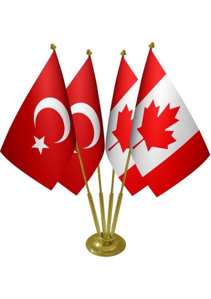 Masa Üstü Kanada Bayrağı Türk Bayrağı Dörtlü Pirinç Direk Masa Bayrak Seti