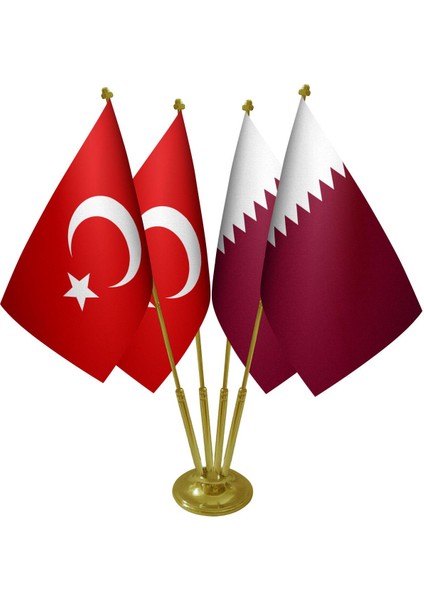 Masa Üstü Katar Bayrağı Türk Bayrağı Dörtlü Pirinç Direk Masa Bayrak Seti