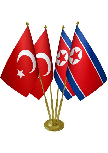 Masa Üstü Kuzey Kore Bayrağı Türk Bayrağı Dörtlü Pirinç Direk Masa Bayrak Seti