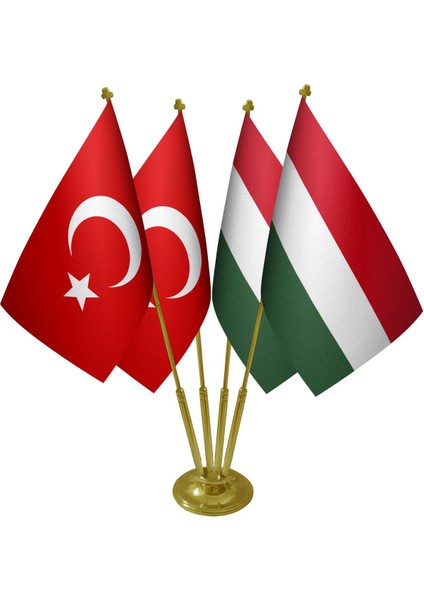 Masa Üstü Macaristan Bayrağı Türk Bayrağı Dörtlü Pirinç Direk Masa Bayrak Seti
