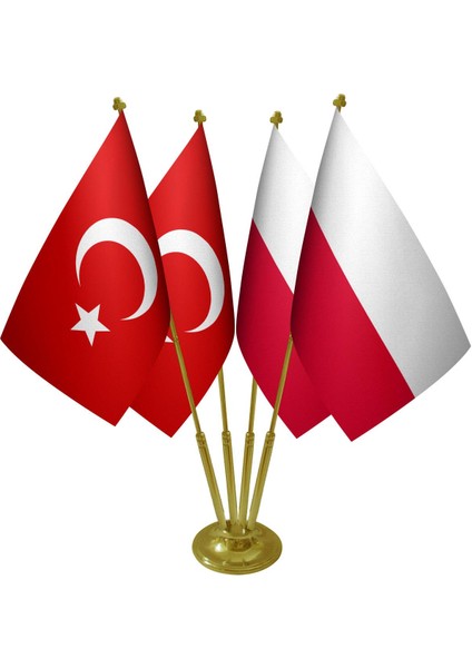 Masa Üstü Polonya Bayrağı Türk Bayrağı Dörtlü Pirinç Direk Masa Bayrak Seti