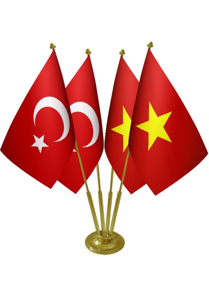 Masa Üstü Vietnam Bayrağı Türk Bayrağı Dörtlü Pirinç Direk Masa Bayrak Seti