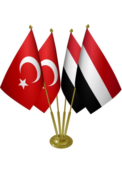 Masa Üstü Yemen Bayrağı Türk Bayrağı Dörtlü Pirinç Direk Masa Bayrak Seti