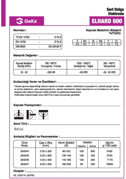 Gedik Kaynak Geka Elhard 600 Sert Dolgu Kaynak Elektrotu E6-Um-60 P - 3,20X350