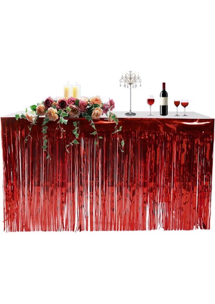 Metalik Folyo Kırmızı Püskül Masa Eteği 75X400 cm