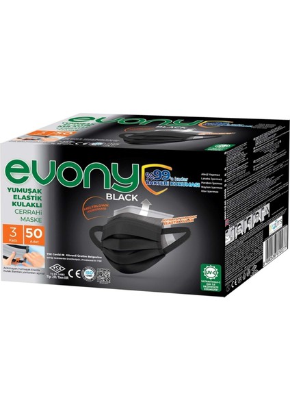 3 Katlı Filtreli Burun Telli Cerrahi Maske 450 Li Set Siyah/Black (Yumuşak Elastik Kulaklı)