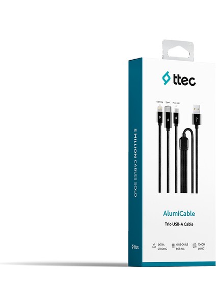 Alumicable Trio Şarj Kablosu 1mt. USB-C, Lightning, Micro USB