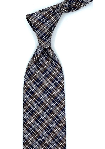 Glampao Style Kahverengi Ekose Desen Italyan Ipek Kravat İK1246