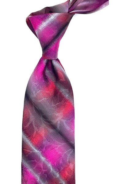 Ospadaleria Style Fuşya - Gri Motif Desen Italyan Ipek Kravat İK1197