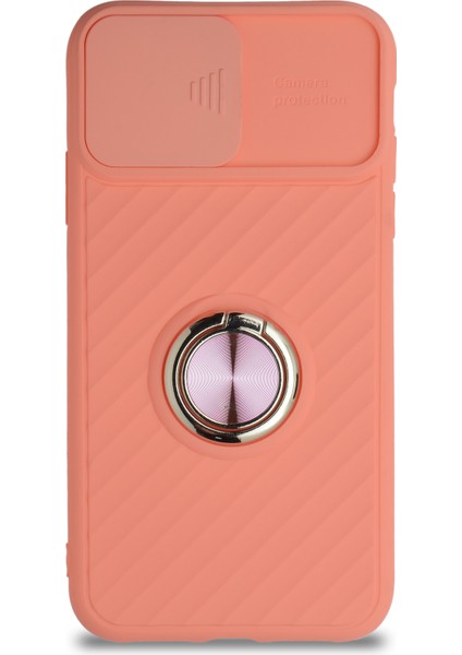 Caseworld Apple iPhone 11 Kapak Kamera Korumalı Yüzüklü Pastel Silikon Kılıf - Pudra
