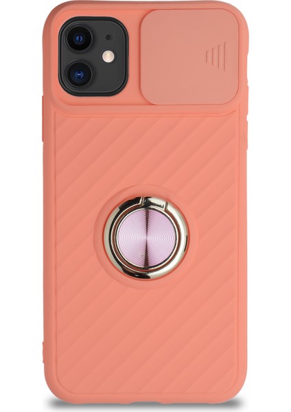 Caseworld Apple iPhone 11 Kapak Kamera Korumalı Yüzüklü Pastel Silikon Kılıf - Pudra