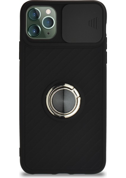 Caseworld Apple iPhone 11 Pro Max Kapak Kamera Korumalı Yüzüklü Pastel Silikon Kılıf - Siyah