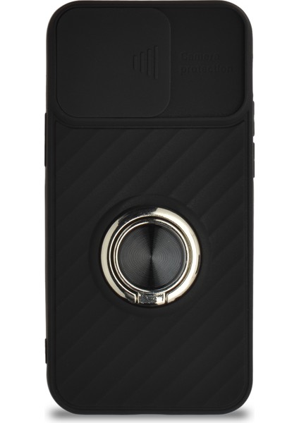 Caseworld Apple iPhone 12 Mini Kapak Kamera Korumalı Yüzüklü Pastel Silikon Kılıf - Siyah