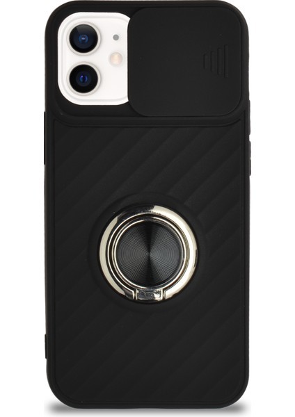 Caseworld Apple iPhone 12 Mini Kapak Kamera Korumalı Yüzüklü Pastel Silikon Kılıf - Siyah