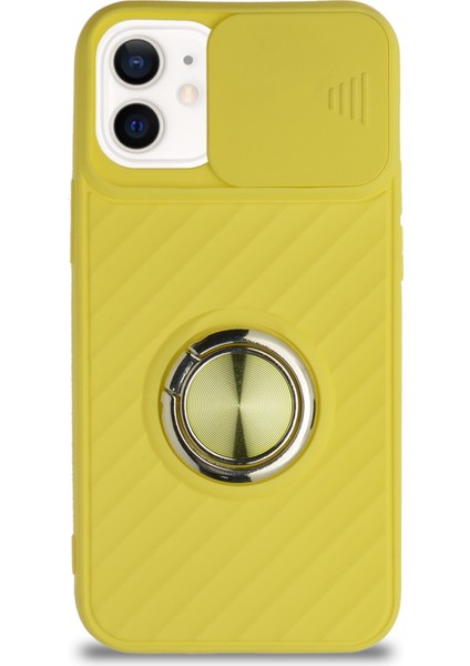 Caseworld Apple iPhone 12 Mini Kapak Kamera Korumalı Yüzüklü Pastel Silikon Kılıf - Sarı