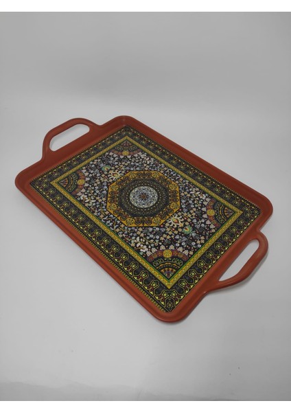 modern ethnic desenli 39-26 cm motif ışlemeli servis sunum çay tepsisi karamel