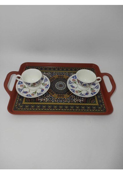 modern ethnic desenli 39-26 cm motif ışlemeli servis sunum çay tepsisi karamel