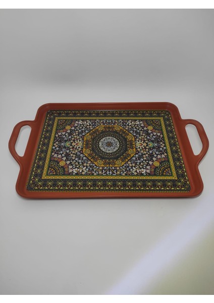 modern ethnic desenli 39-26 cm motif ışlemeli servis sunum çay tepsisi karamel