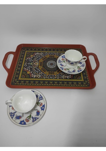 modern ethnic desenli 39-26 cm motif ışlemeli servis sunum çay tepsisi karamel