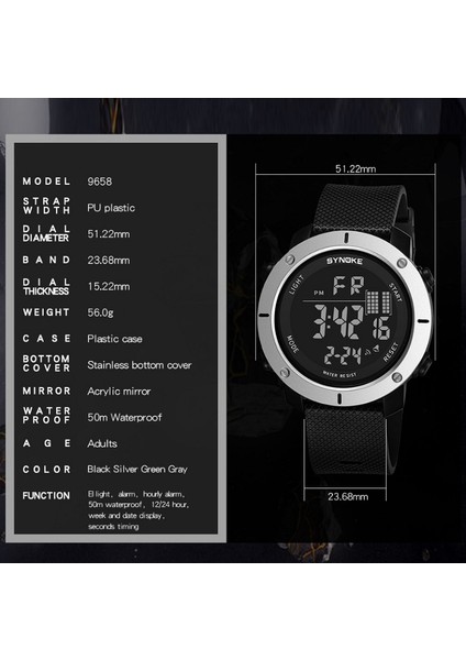 Synoke 9658 Çok Fonksiyonlu Su Geçirmez Elektronik Saat -Siyah/Gümüş (Yurt Dışından)