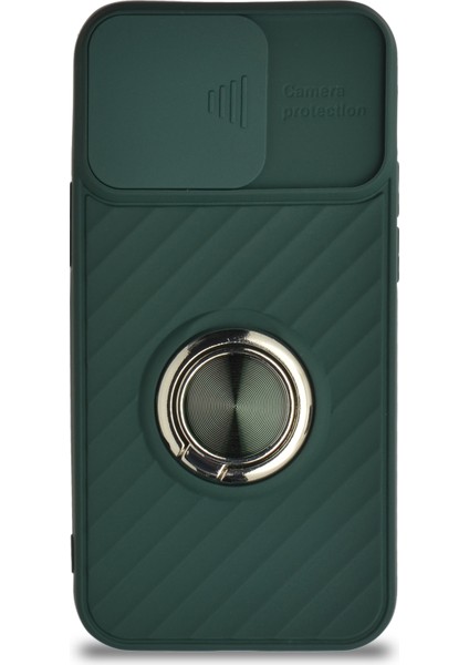 Guesche Apple iPhone 12 Mini Kapak Kamera Korumalı Yüzüklü Pastel Silikon Kılıf - Koyu Yeşil