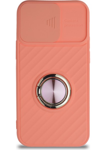Guesche Apple iPhone 12 Mini Kapak Kamera Korumalı Yüzüklü Pastel Silikon Kılıf - Pudra