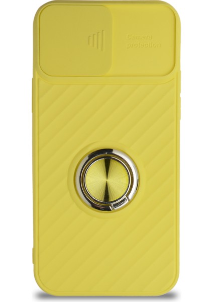 Guesche Apple iPhone 12 Kapak Kamera Korumalı Yüzüklü Pastel Silikon Kılıf - Sarı