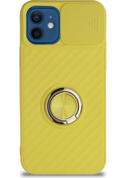 Guesche Apple iPhone 12 Kapak Kamera Korumalı Yüzüklü Pastel Silikon Kılıf - Sarı fiyatları