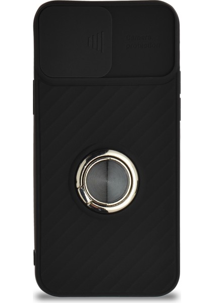 Guesche Apple iPhone 12 Kapak Kamera Korumalı Yüzüklü Pastel Silikon Kılıf - Siyah