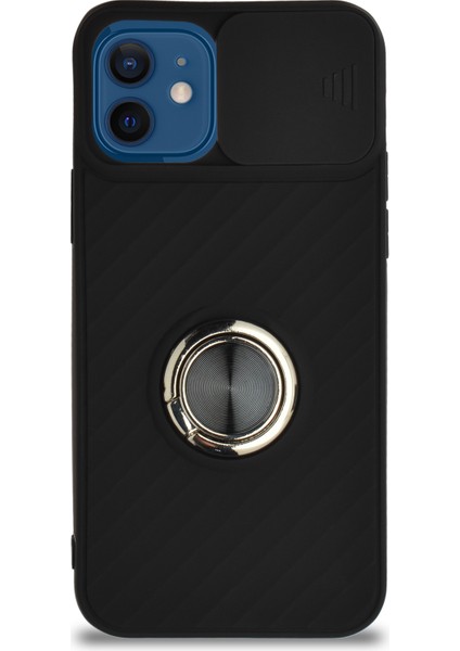 Guesche Apple iPhone 12 Kapak Kamera Korumalı Yüzüklü Pastel Silikon Kılıf - Siyah fiyatları