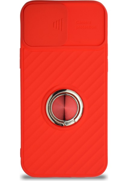 Guesche Apple iPhone 12 Kapak Kamera Korumalı Yüzüklü Pastel Silikon Kılıf - Kırmızı