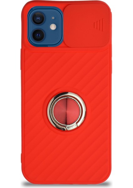 Guesche Apple iPhone 12 Kapak Kamera Korumalı Yüzüklü Pastel Silikon Kılıf - Kırmızı fiyatları