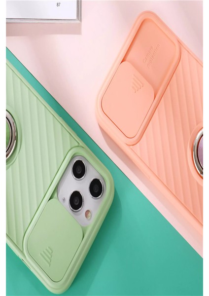 Guesche Apple iPhone 12 Kapak Kamera Korumalı Yüzüklü Pastel Silikon Kılıf - Kırmızı fırsatları