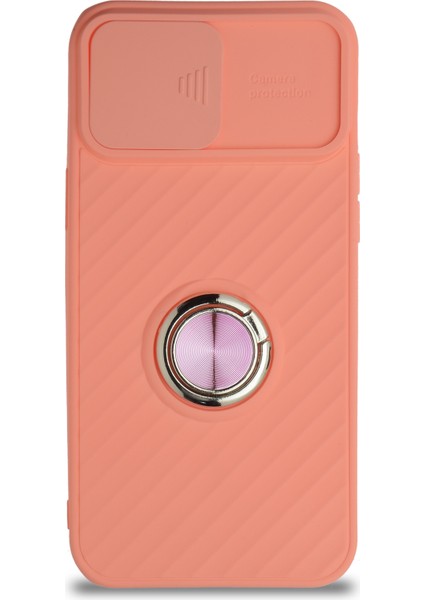 Guesche Apple iPhone 12 Pro Max Kapak Kamera Korumalı Yüzüklü Pastel Silikon Kılıf - Pudra