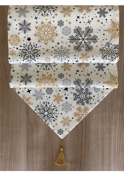 Snowy Red Kar Tanesi Desenli Runner Siyah - Gold - Krem 40 x 150 cm