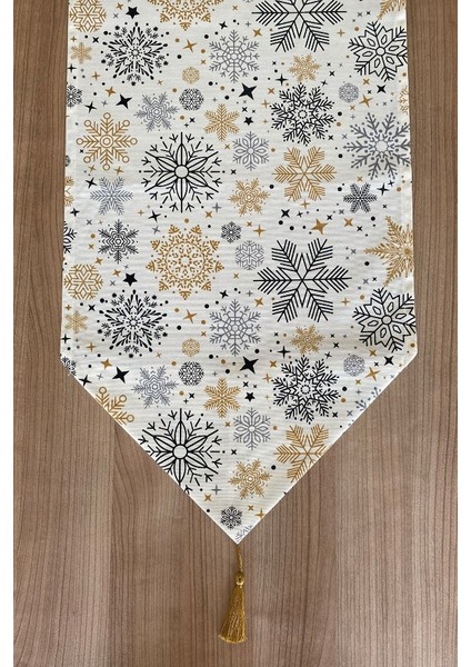 Snowy Red Kar Tanesi Desenli Runner Siyah - Gold - Krem 40 x 150 cm