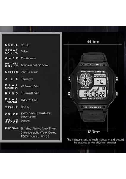 Synoke 9619B Su Geçirmez Dijital Saat -Siyah/Koyu Yeşil (Yurt Dışından)