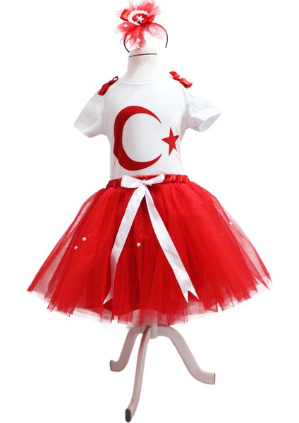 Türk Bayrağı Baskılı Kırmızı Kız Çocuk Tütü Takım - 23 Nisan Kostüm