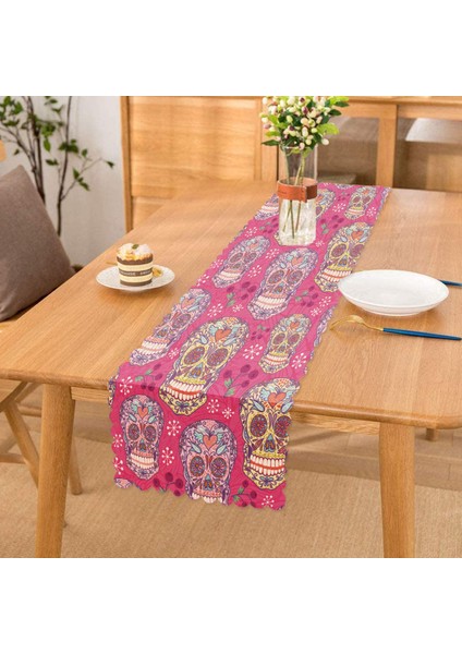 Pembe Zeminli Kurukafa Dijital Baskılı Runner