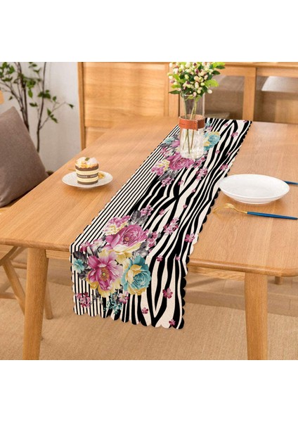 Siyah Beyaz Zebra Zeminde Çiçek Desenli Özel Tasarım Dijital Baskılı Modern Runner